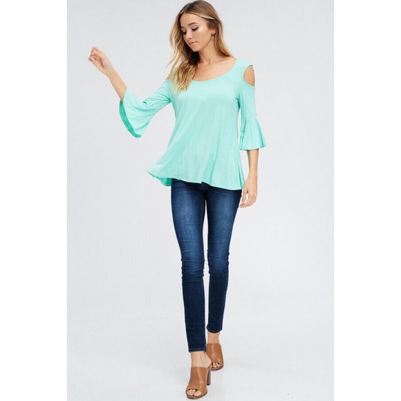 Stay Fashionable with This Trendy Open Shoulder 3/4 Bell Sleeve Top Blouse - Picture 6 of 8